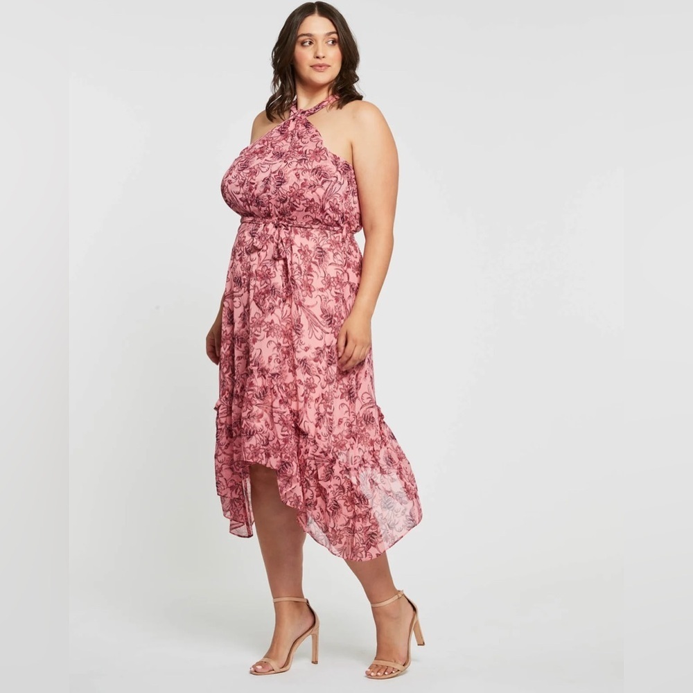 Estelle Red Floral Halter Midi Dress Size 2X/20W NWT Party Colorful